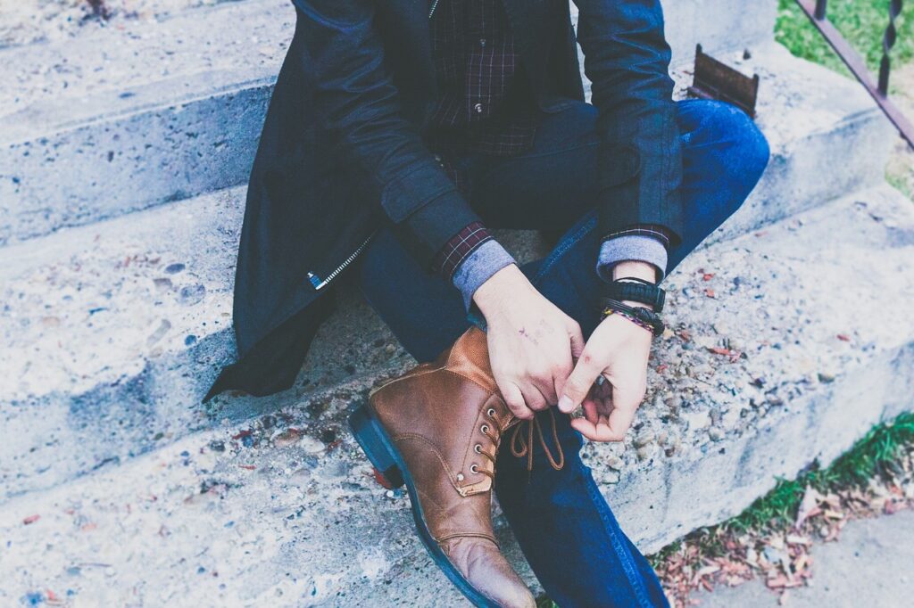 guy, man, male, sit, cross, legs, fashion, style, shoes, boots, leather, coat, denim, jeans, concrete, stairs, blue cross, blue fashion, blue shoes, coat, coat, coat, denim, denim, denim, denim, denim